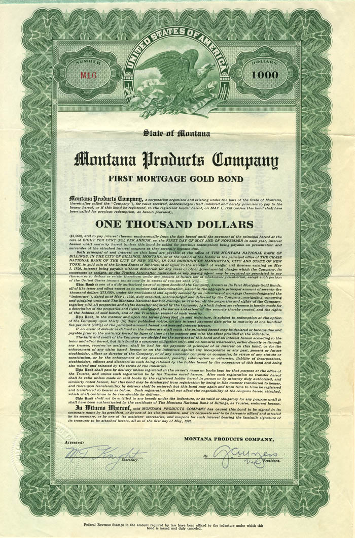 Montana Products Co. - $1,000 Bond